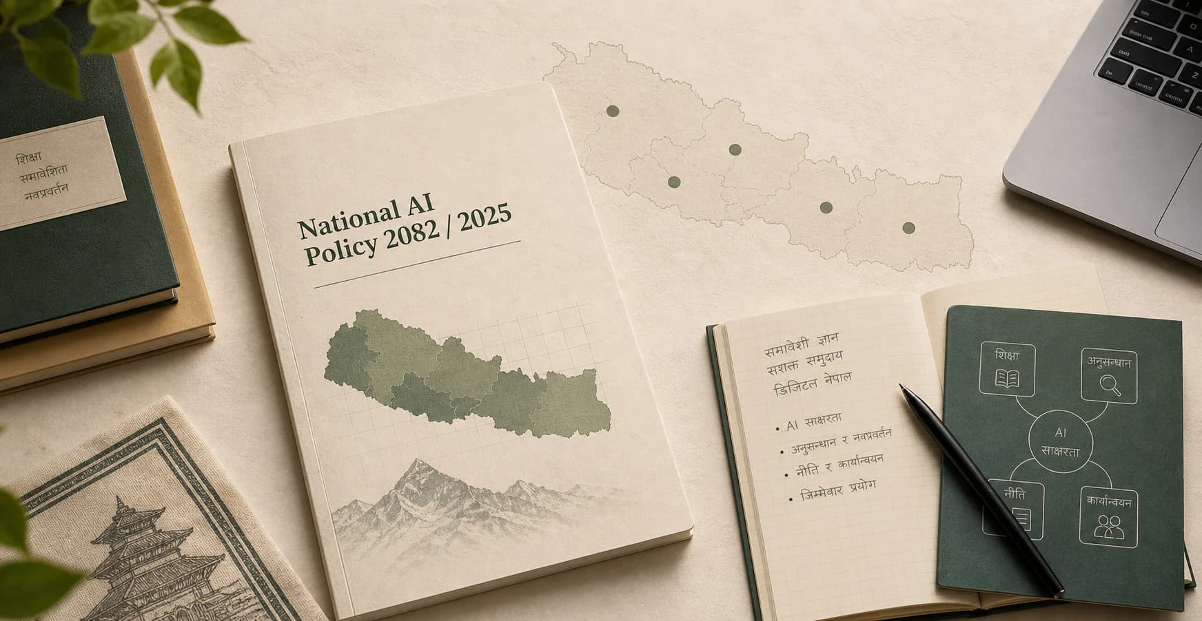 Editorial cover illustration for Nepal's National AI Policy 2082 / 2025: what it means for you